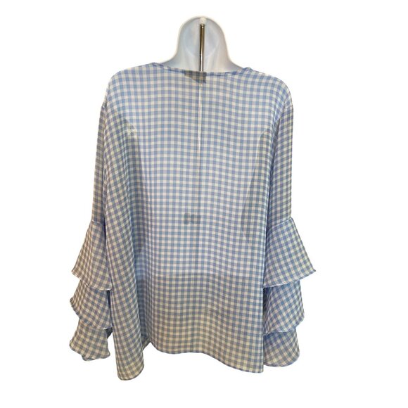 Liz Claiborne Womens Blouse XXL Blue White Gingham  Ruffle Sleeves Cottagecore - Picture 2 of 6
